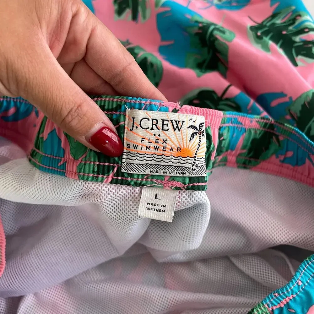 J.Crew Mens Swim Trunks Shorts Flex Swimwear Leaves Pink Green Blue - L